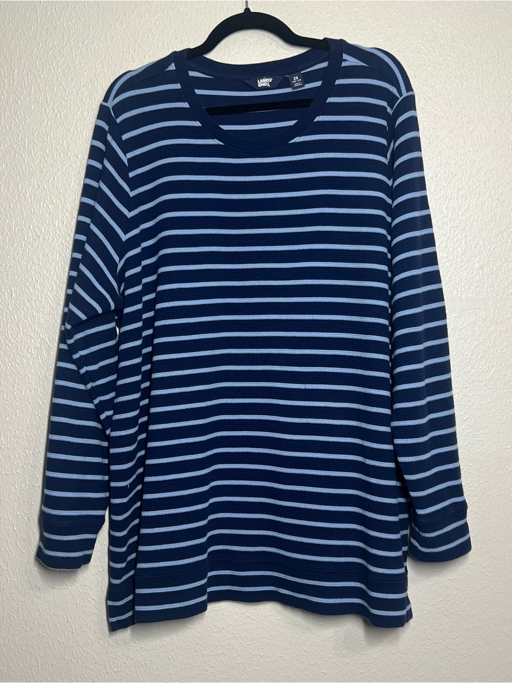 Lands End Top Navy Blue Striped Waffle Knit Womens Size 2X Long Sleeve Shirt